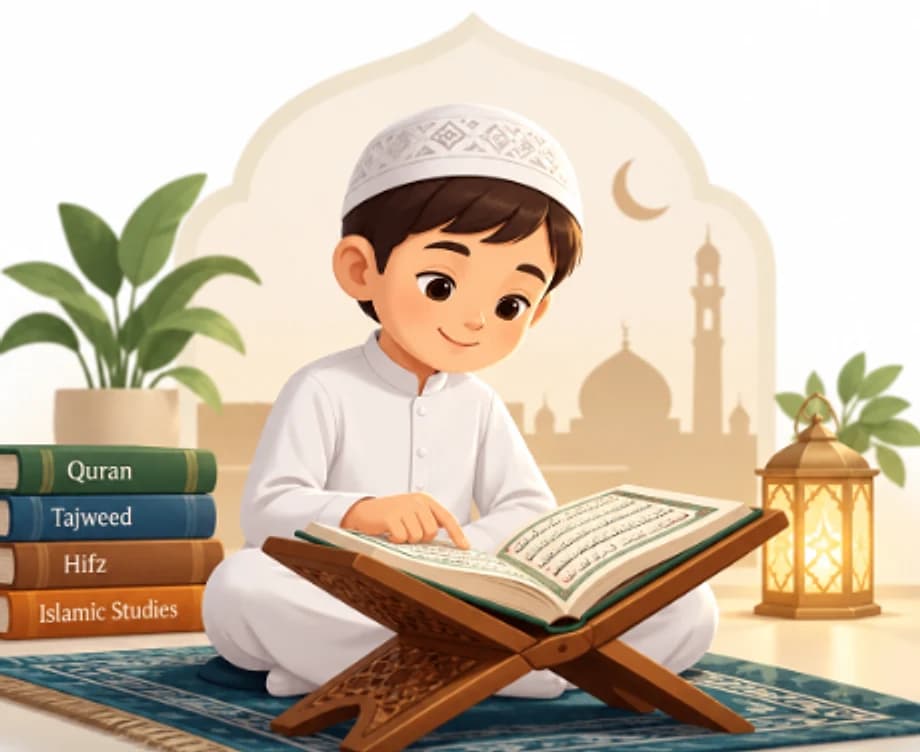 Illustration of a boy in a white cap reading the Quran on a wooden stand, beside books labelled Quran, Tajweed, Hifz and Islamic Studies