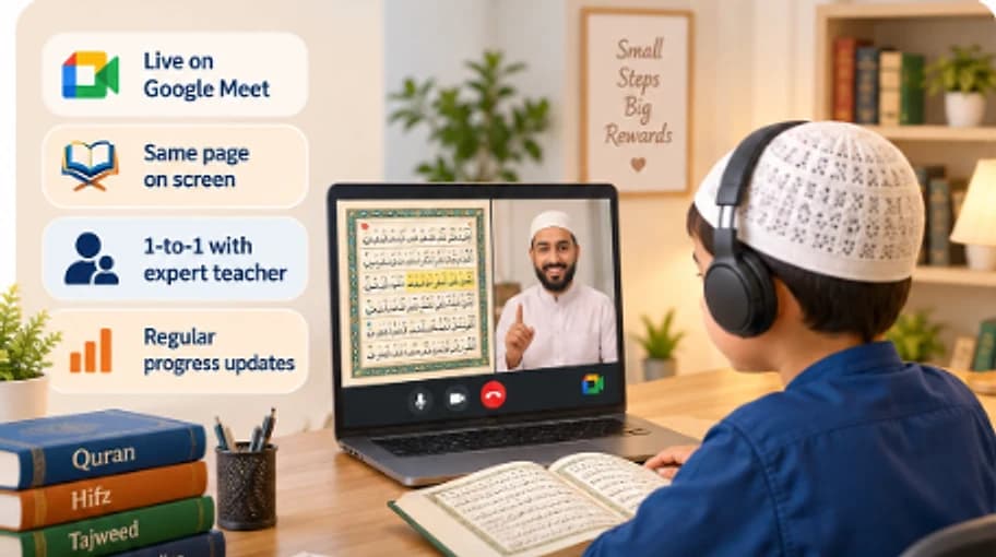 Illustration of a boy with headphones in a live online Hifz class, his teacher and a Quran page on the laptop screen, beside cards that read Live on Google Meet, Same page on screen, 1-to-1 with expert teacher and Regular progress updates