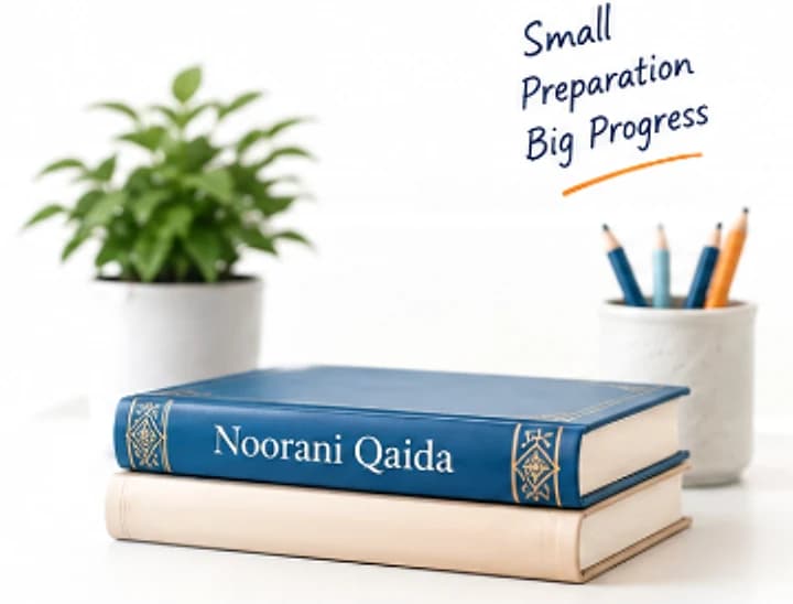 Illustration of the Noorani Qaida lying on a plain notebook, beside a plant and a pot of pencils, with the note Small preparation, big progress