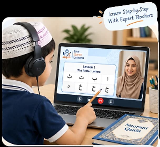 Illustration of a boy in headphones in a live online Noorani Qaida lesson, his female teacher on the laptop beside the first Arabic letters, and the Noorani Qaida book on the desk