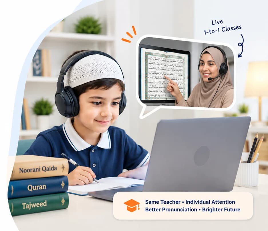 A boy in a prayer cap and headphones at a laptop, his teacher on the video call pointing to the page of the Quran he is reading, beside books named Noorani Qaida, Quran and Tajweed