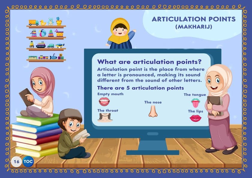 The five articulation points, from page 16 of our Noorani Qaida