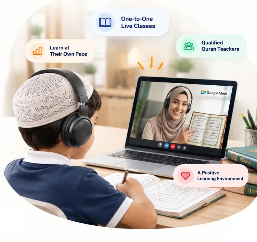 A boy in a prayer cap and headphones writing in his notebook as his teacher holds up the Quran on a Google Meet call, with notes reading One-to-One Live Classes, Qualified Quran Teachers, Learn at Their Own Pace and A Positive Learning Environment
