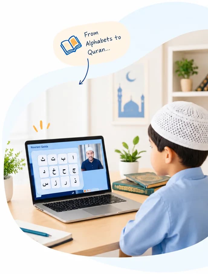 A boy in a white prayer cap at a laptop, the first Arabic letters of the Noorani Qaida on the screen beside his teacher on a video call, under the words From Alphabets to Quran