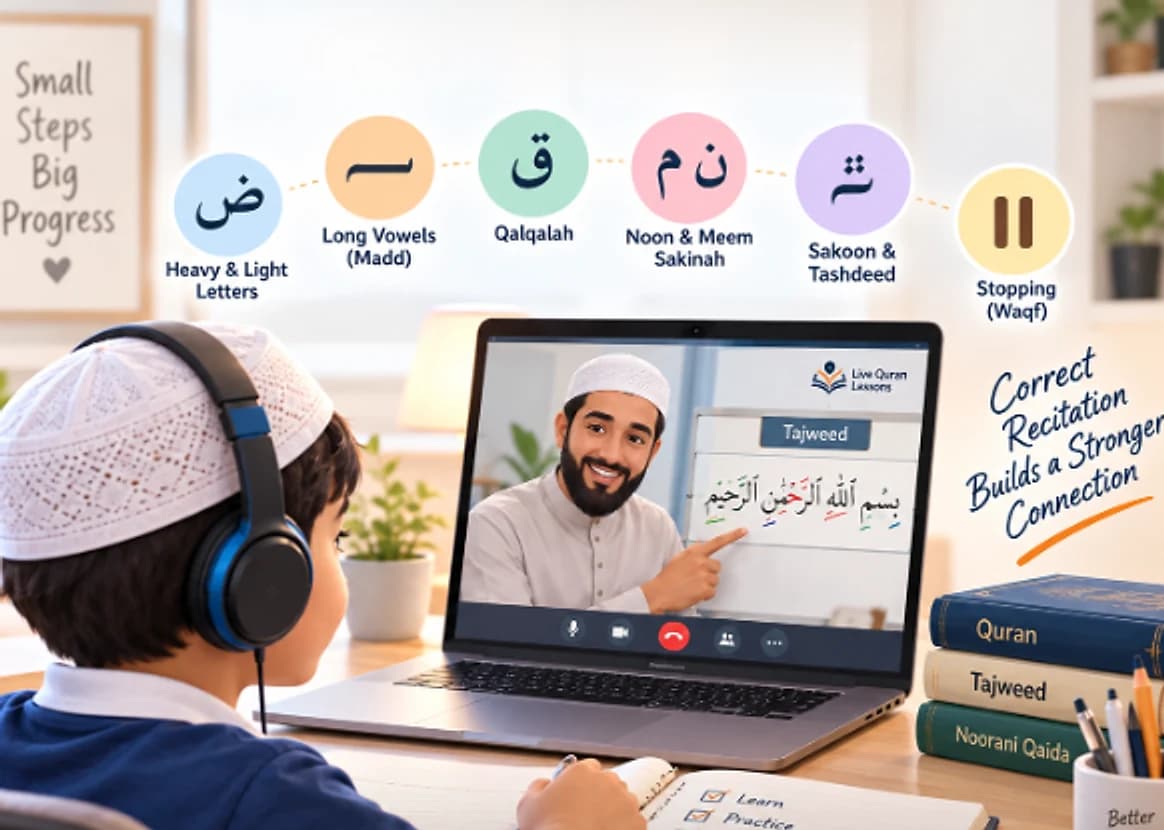 Illustration of a boy in headphones in a live online Tajweed class, his teacher pointing to the Bismillah on the laptop screen, under icons for the 6 beginner rules