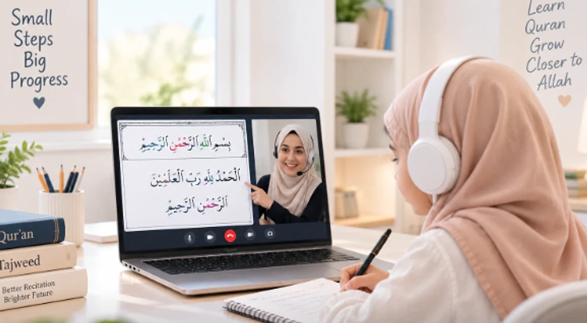 Illustration of a girl in a hijab and headphones in a live online Tajweed class, her female teacher on the laptop screen pointing to the opening verses of Surah Al-Fatiha