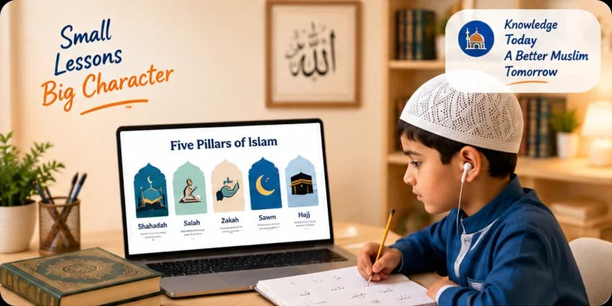 A boy in a kufi writing Arabic beside a laptop showing the Five Pillars of Islam, with the words Small Lessons, Big Character and Knowledge Today, A Better Muslim Tomorrow