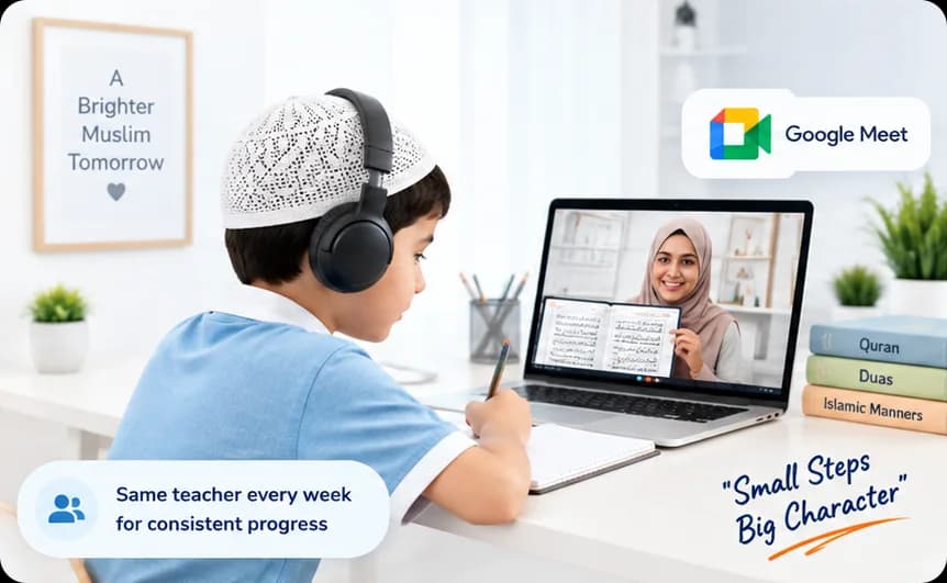 A boy in a kufi and headphones writing in a notebook while his teacher, in a hijab, holds up a book on a Google Meet call, with the words Same teacher every week for consistent progress and Small Steps, Big Character
