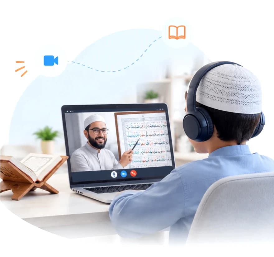 A boy in headphones at a laptop, his Quran teacher on the screen pointing to the page, the Mushaf open on a rehl beside him
