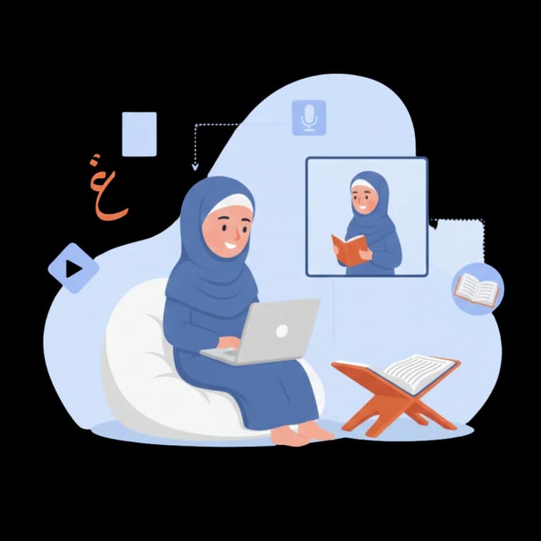 A girl at her laptop in an online Quran class, her teacher reading on the screen beside her