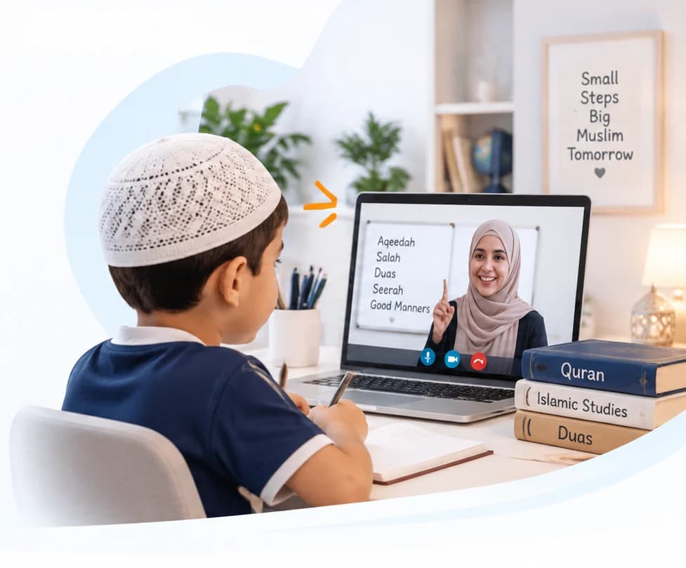 A boy in a white prayer cap at his laptop, his teacher live on the video call beside a board listing Aqeedah, Salah, Duas, Seerah and good manners, with books named Quran, Islamic Studies and Duas on the desk