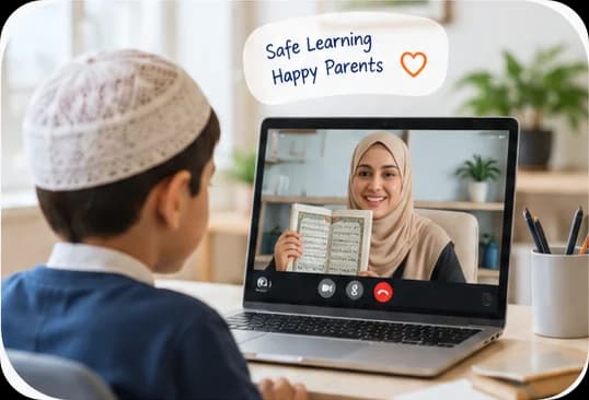 A boy in a prayer cap watching his teacher on a live video call as she holds up the Quran, with a note reading Safe Learning, Happy Parents