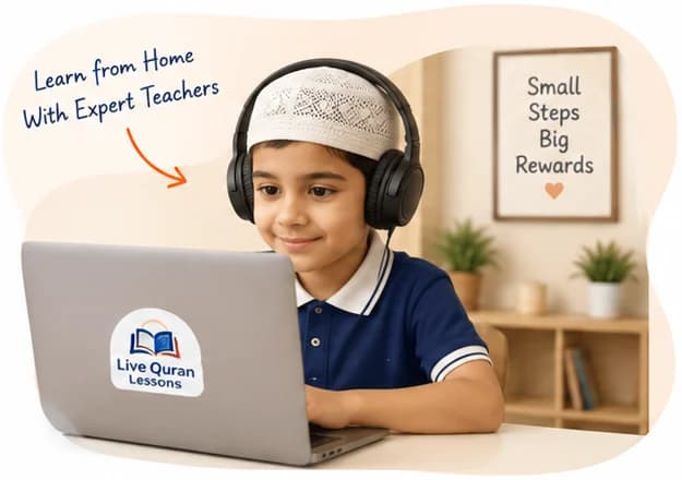 A boy in a white prayer cap and headphones smiling at his laptop at home, the Live Quran Lessons sticker on its lid