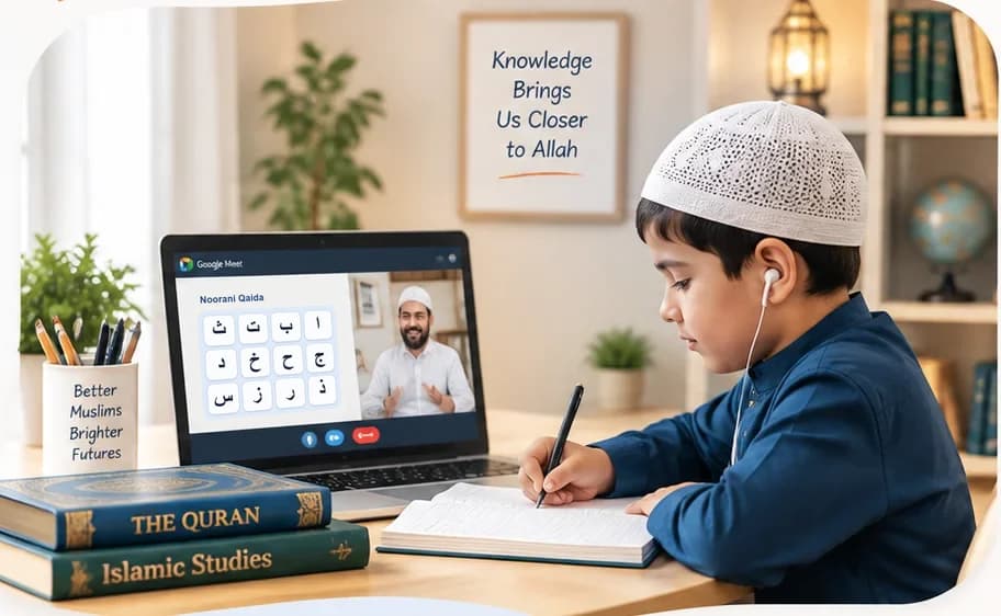 A boy in a kufi writing in his notebook during a Google Meet class, his teacher on the laptop screen, beside books marked The Quran and Islamic Studies and a frame reading Knowledge Brings Us Closer to Allah