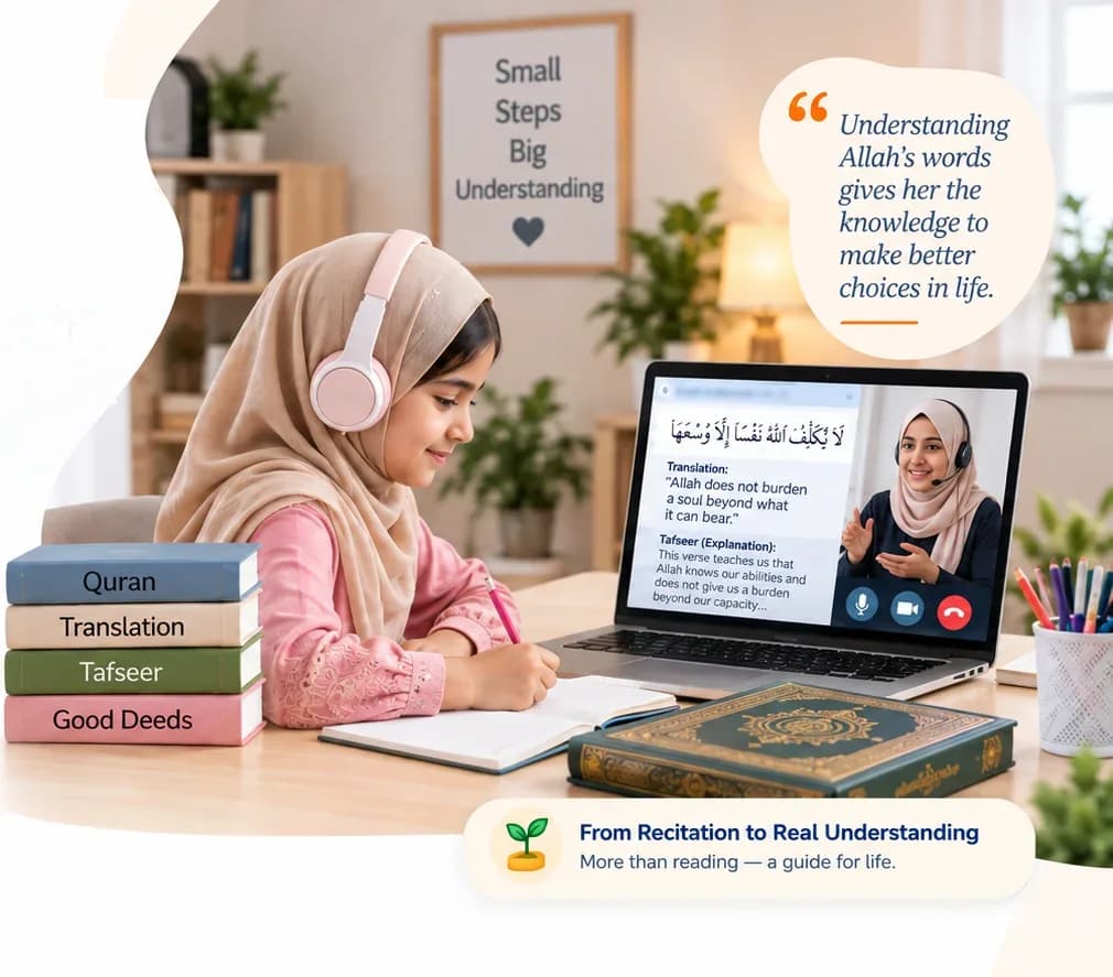 A girl in a hijab and headphones writing in her notebook while her teacher, on the laptop screen, explains a verse with its translation and Tafseer, beside books marked Quran, Translation, Tafseer and Good Deeds, with the words From Recitation to Real Understanding